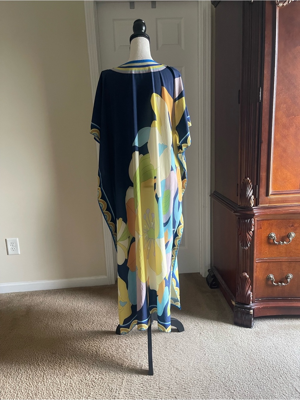 Colorful Floral Kaftan Tunic - Navy, Yellow, Green - Picture 7 of 16